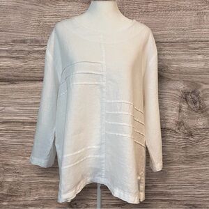 Vintage Mosaic 100% Linen Top White Large Lagenlook Beach Coastal Grandma